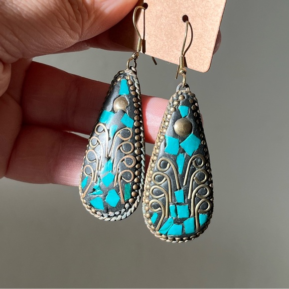 Vintage Tibetan Mosaic Earrings - Picture 2 of 2